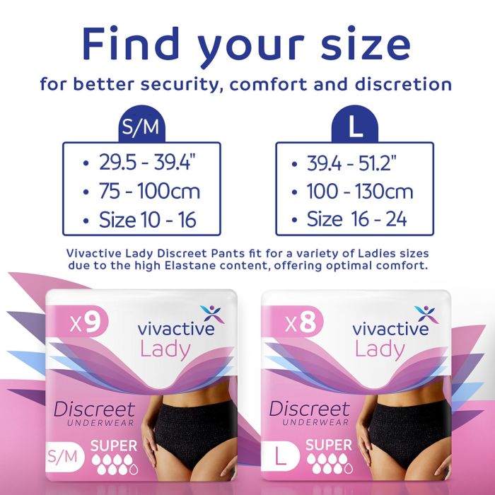 Vivactive Lady Discreet Underwear Small/Medium (1700ml) 9 Pack - size guide