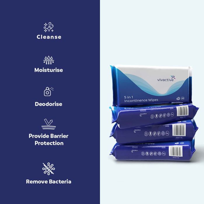 Vivactive 5-in-1 Incontinence Wipes 25 Pack - features