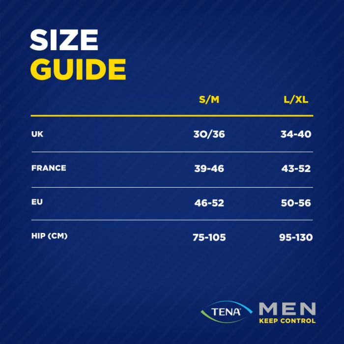 TENA Men Active Fit Pants Normal Grey Small/Medium (850ml) 12 Pack - size guide